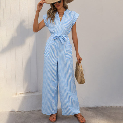 Women's V-neck jumpsuit, European and American commuting style striped lace up jumpsuit
