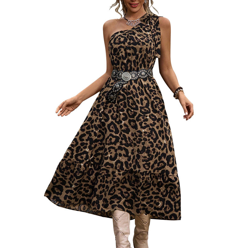 European and American summer leopard print dress one shoulder lace up dress