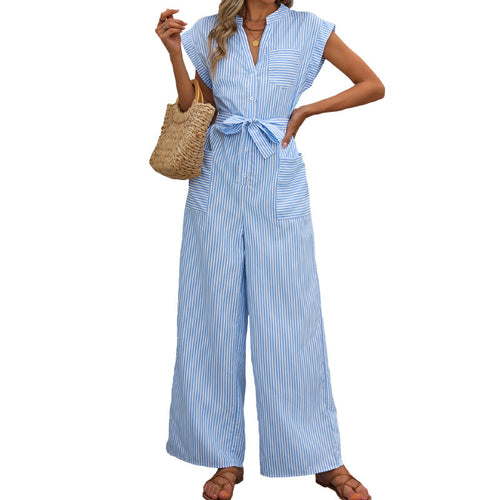 Women's V-neck jumpsuit, European and American commuting style striped lace up jumpsuit